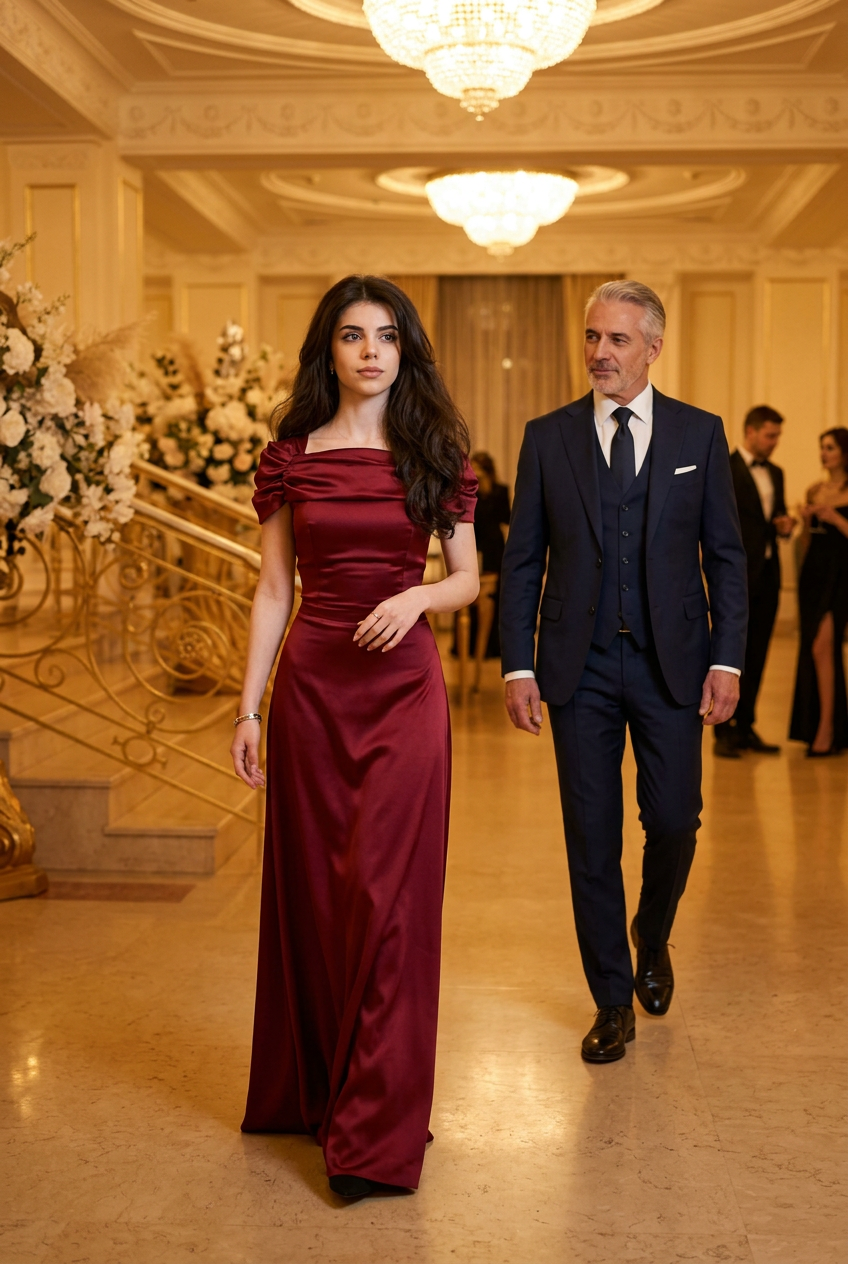 Model in an oxblood silk gown on a palatial marble staircase